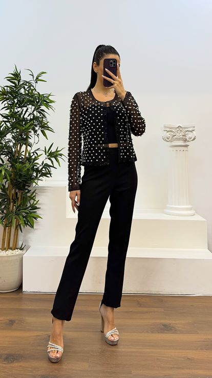 Conjunto de vestido de noche bordado de perlas negras