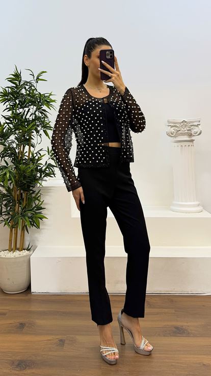 Conjunto de vestido de noche bordado de perlas negras