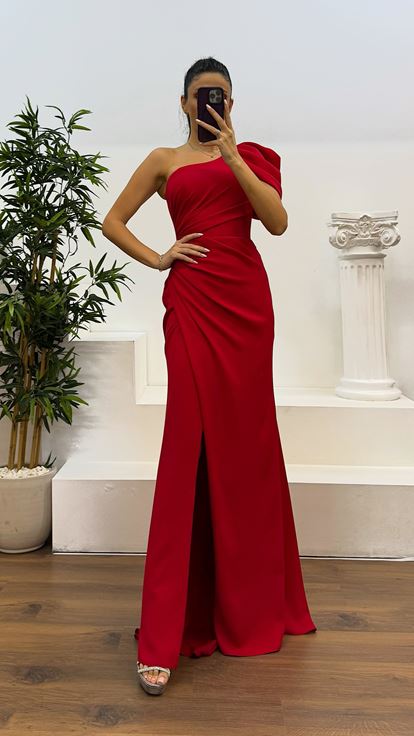 Red One Shoulder Evening Dress