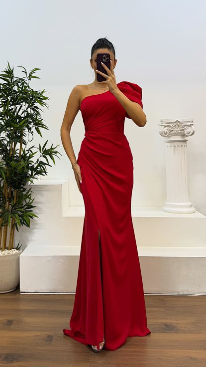 Red One Shoulder Evening Dress