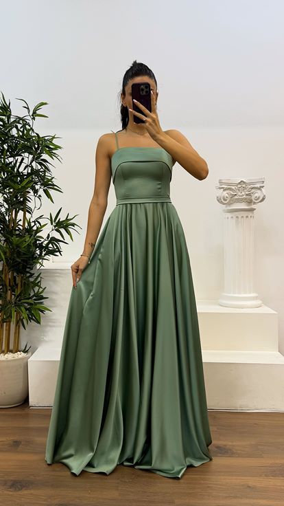 Robe de soirée en satin à bretelles en corde menthe