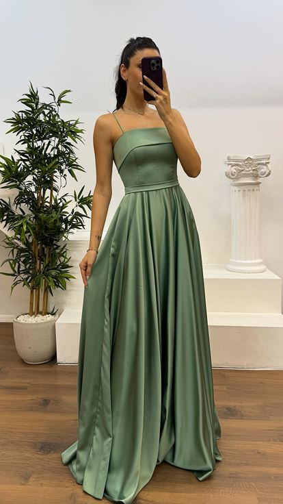 Robe de soirée en satin à bretelles en corde menthe