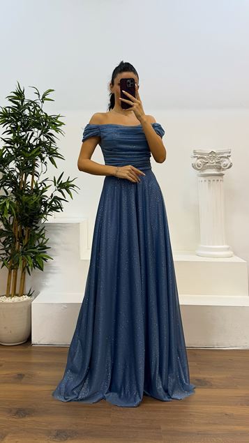 Robe de soirée drapée sur la poitrine indigo