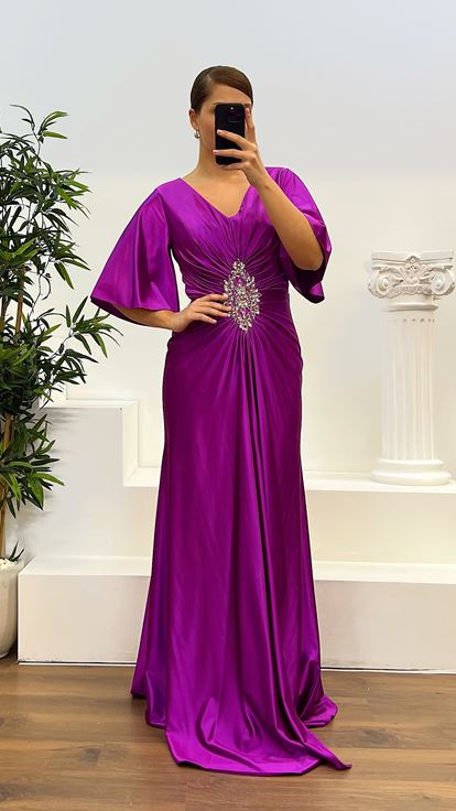 Fuşya Yarasa Kol Büyük Beden Abiye Elbise