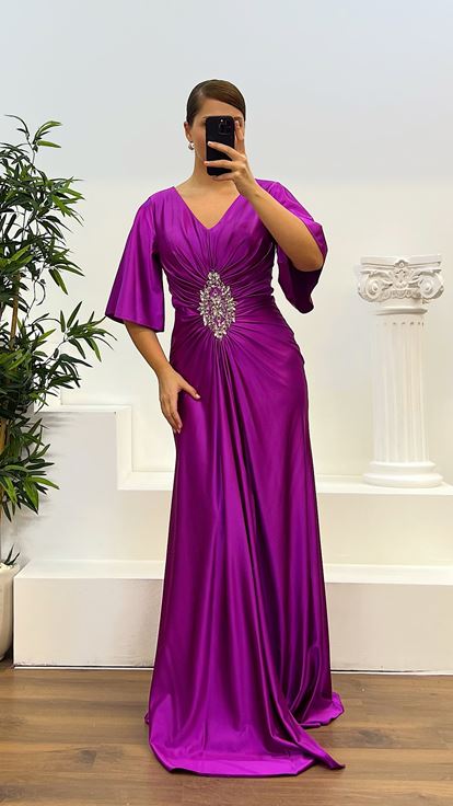 Fuşya Yarasa Kol Büyük Beden Abiye Elbise