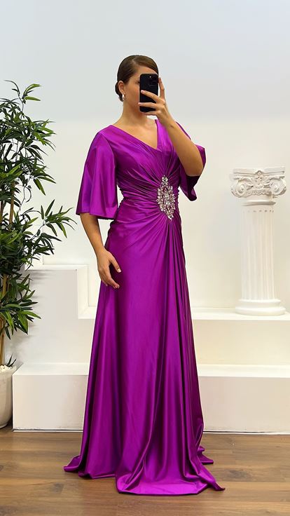 Fuşya Yarasa Kol Büyük Beden Abiye Elbise