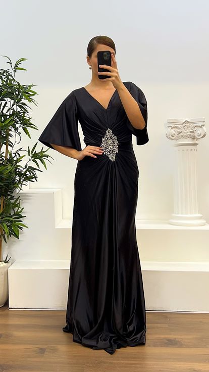 Siyah Yarasa Kol Büyük Beden Abiye Elbise