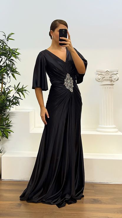 Siyah Yarasa Kol Büyük Beden Abiye Elbise