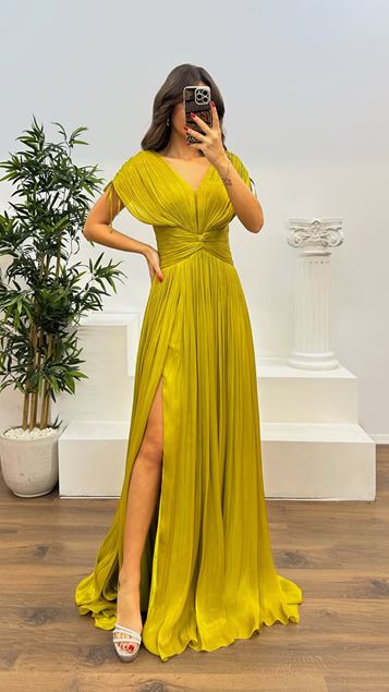 Apple Green V-Neck Pleated Evening Dress
