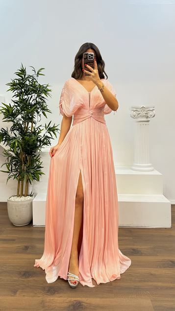 Powder V-Neck Pleated Evening Dress