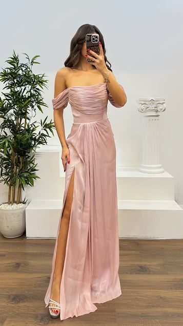 Pudra Straplez Piliseli Abiye Elbise