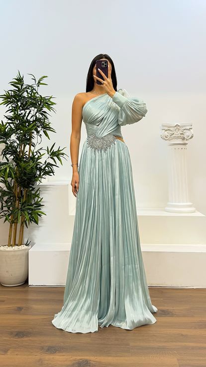 Mınt Single Sleeve Pleated Evening Dress