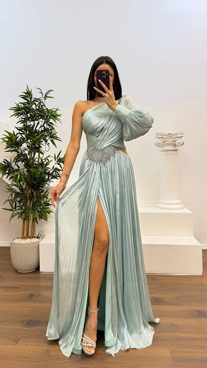 Mınt Single Sleeve Pleated Evening Dress