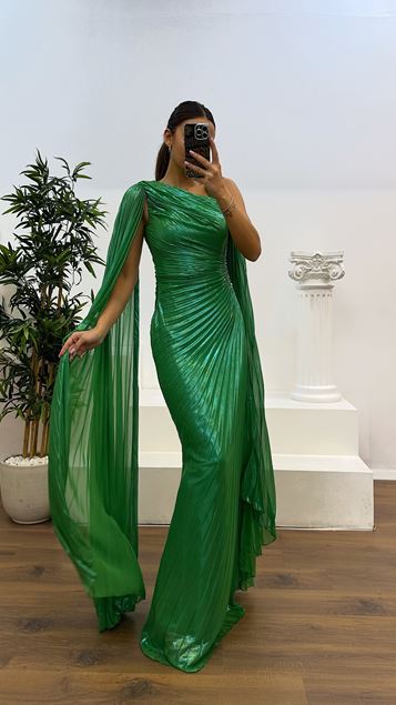 Aqua Green Pleated Waist Detail Evening Dress