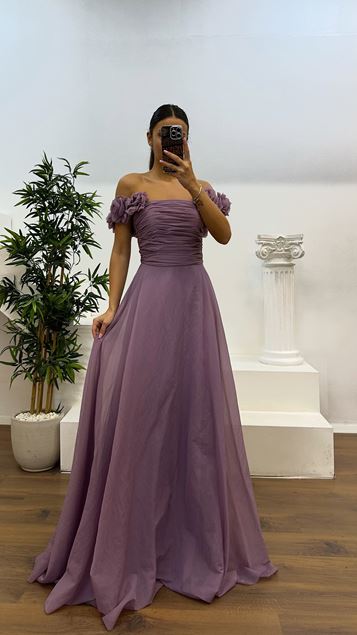 Lavender Strappy Floral Detail Evening Dress