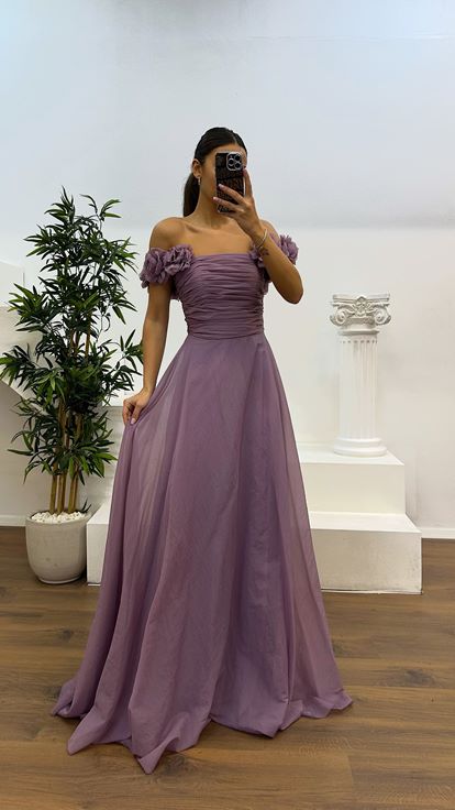 Lavender Strap Flower Detail Evening Dress