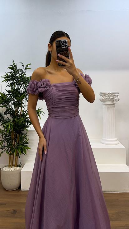 Lavender Strap Flower Detail Evening Dress