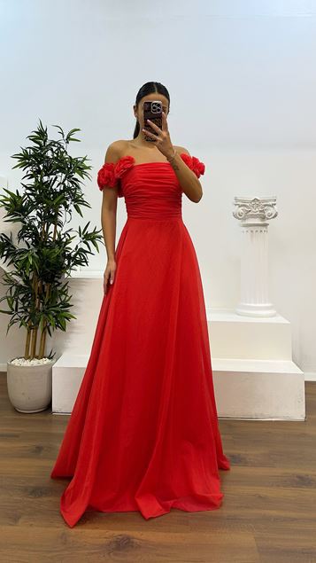 Coral Strappy Floral Detail Evening Dress