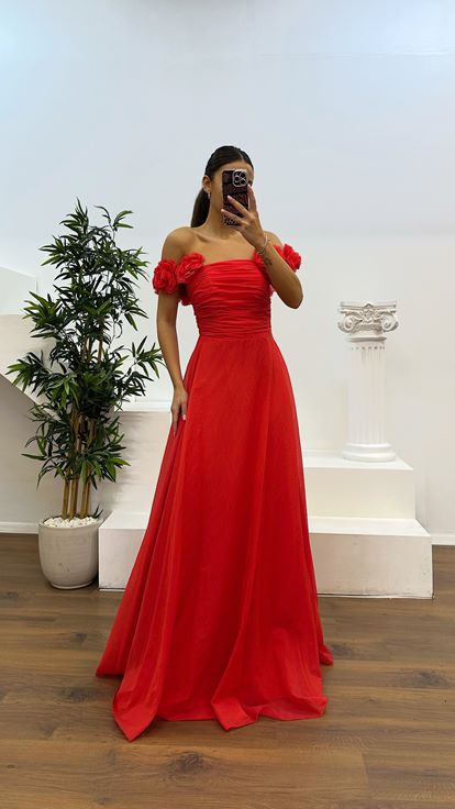 Coral Strap Floral Detail Evening Dress