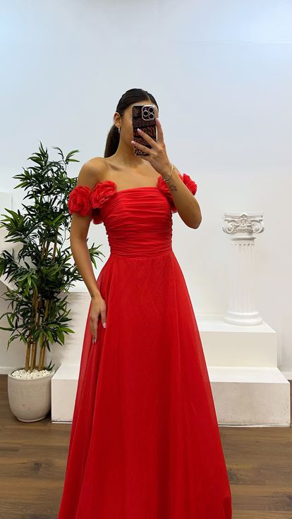 Coral Strap Floral Detail Evening Dress