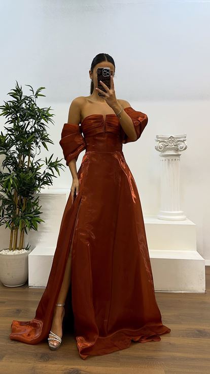 Copper Drape Detail Strapless Evening Dress