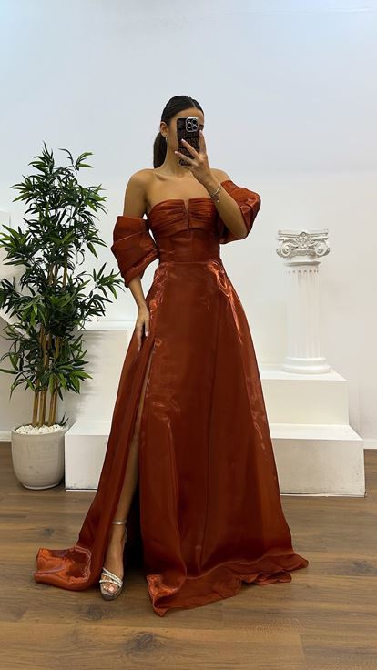 Copper Drape Detail Strapless Evening Dress