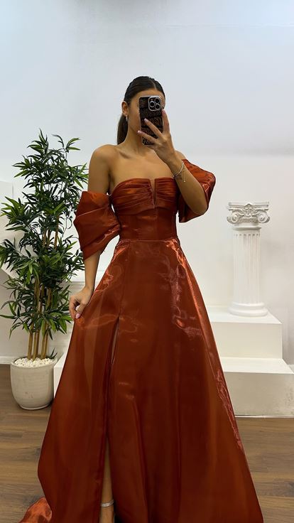 Copper Drape Detail Strapless Evening Dress