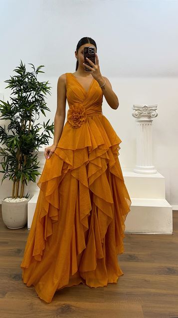 Caramel Ruffled Evening Dress
