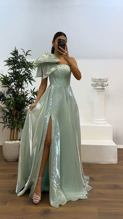 Mint Shoulder Detail Evening Dress