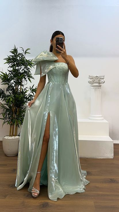 Mint Shoulder Detail Evening Dress