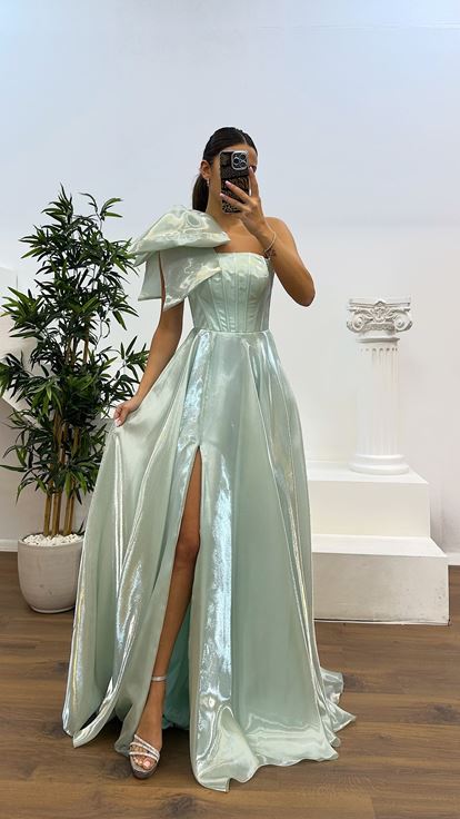 Mint Shoulder Detail Evening Dress