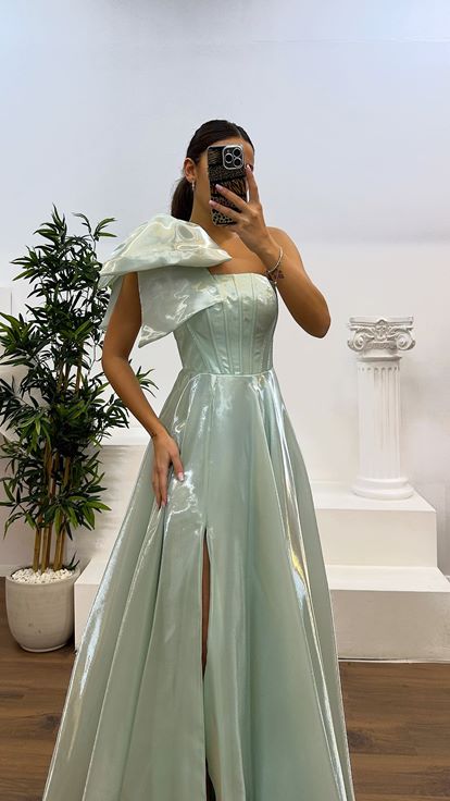 Mint Shoulder Detail Evening Dress