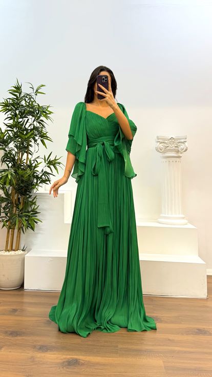 Green Pleated Evening Dress