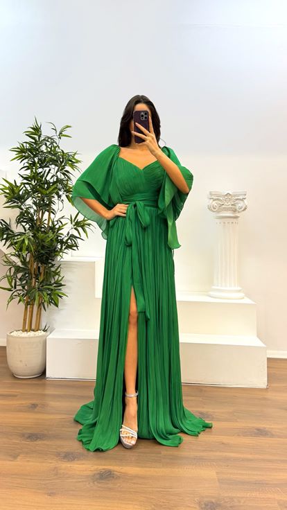 Green Pleated Evening Dress