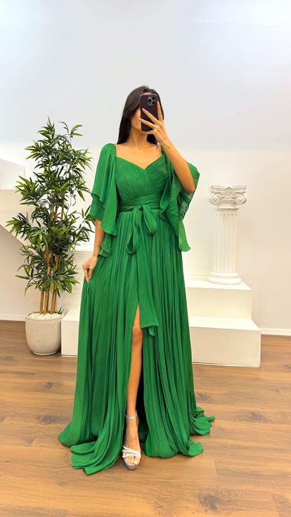 Green Pleated Evening Dress