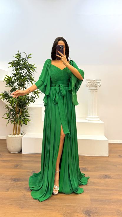 Green Pleated Evening Dress