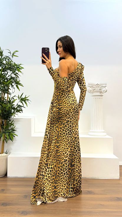 Abendkleid mit Leopardenmuster und einärmeligen Taillendetails