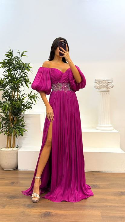 Robe de soirée plissée à manches ballon Fusya