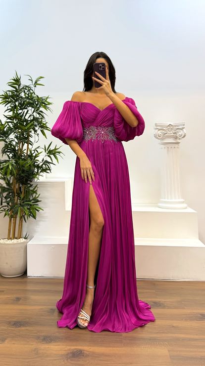 Robe de soirée plissée à manches ballon Fusya