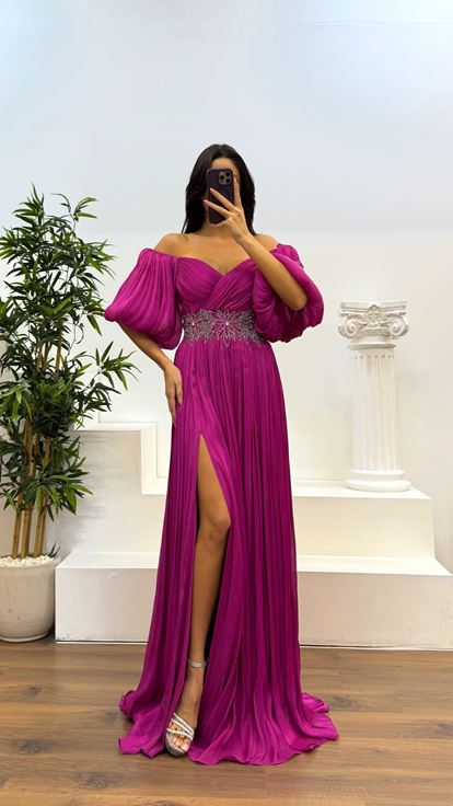 Robe de soirée plissée à manches ballon Fusya