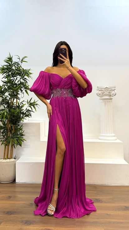 Robe de soirée plissée à manches ballon Fusya