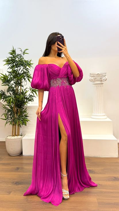 Robe de soirée plissée à manches ballon Fusya