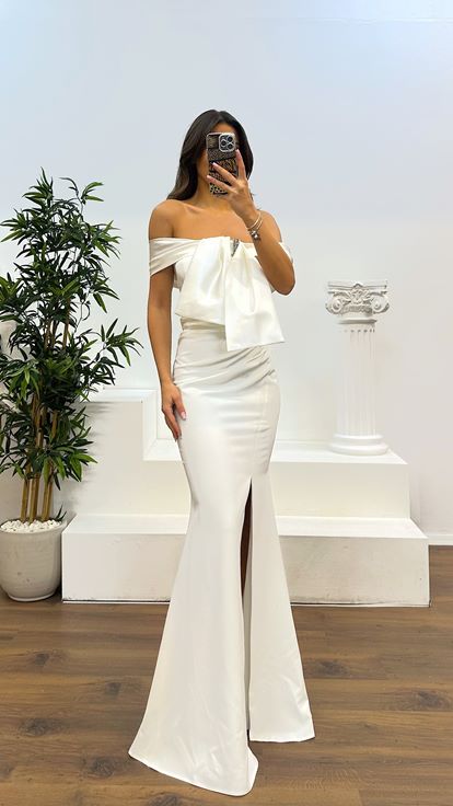 White Boat Neck Evening Dress
