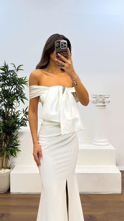 White Boat Neck Evening Dress