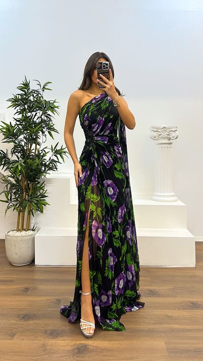 Purple One Shoulder Pleated Chiffon Evening Dress
