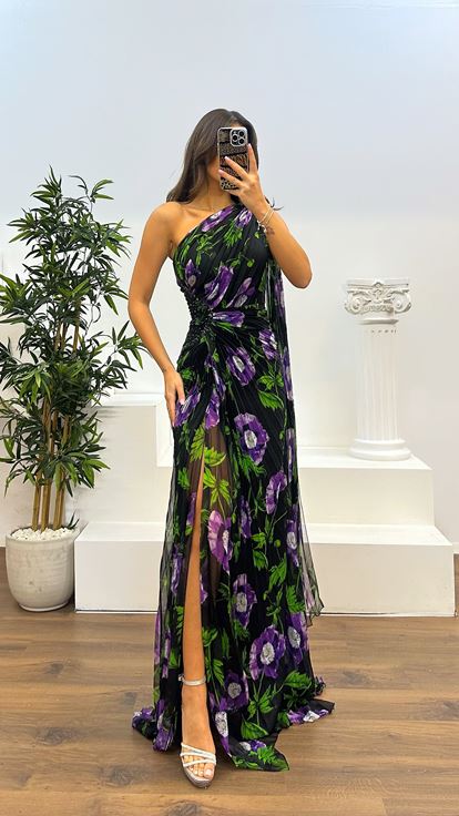 Purple One Shoulder Pleated Chiffon Evening Dress