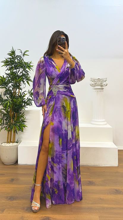 Purple Balloon Sleeve Waist Detail Patterned Chiffon Dress