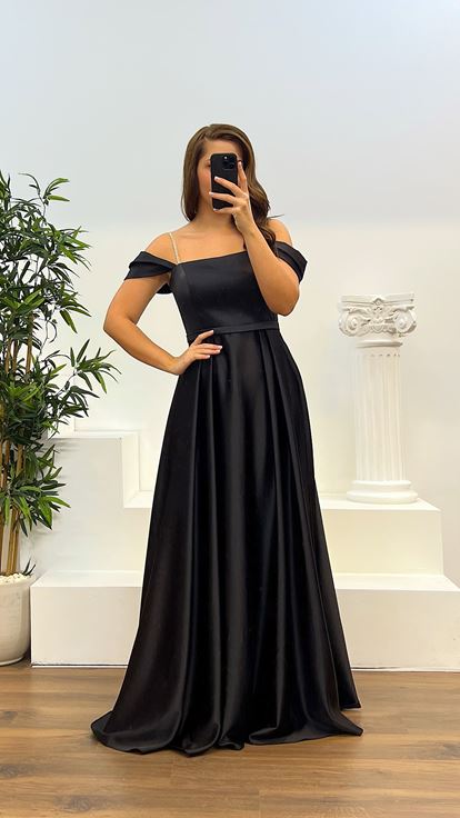 Black Rope Strap Satin Plus Size Evening Dress