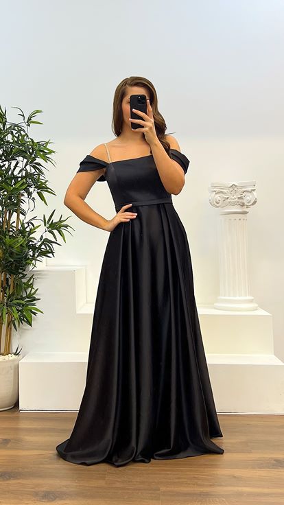 Black Rope Strap Satin Plus Size Evening Dress