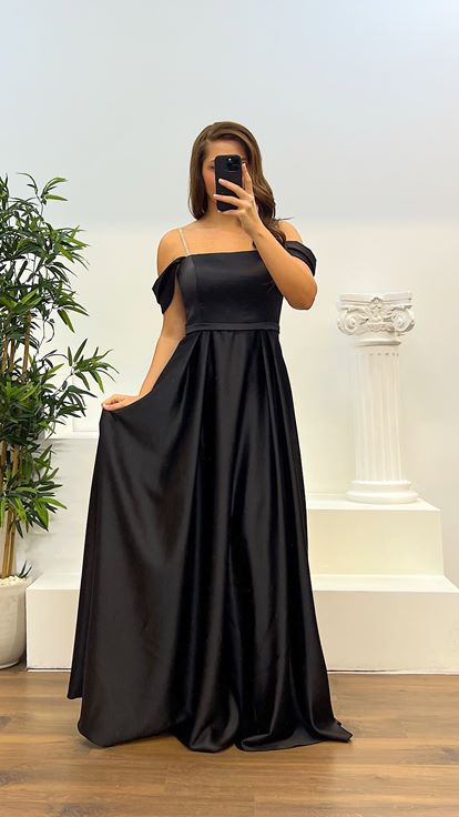 Black Rope Strap Satin Plus Size Evening Dress